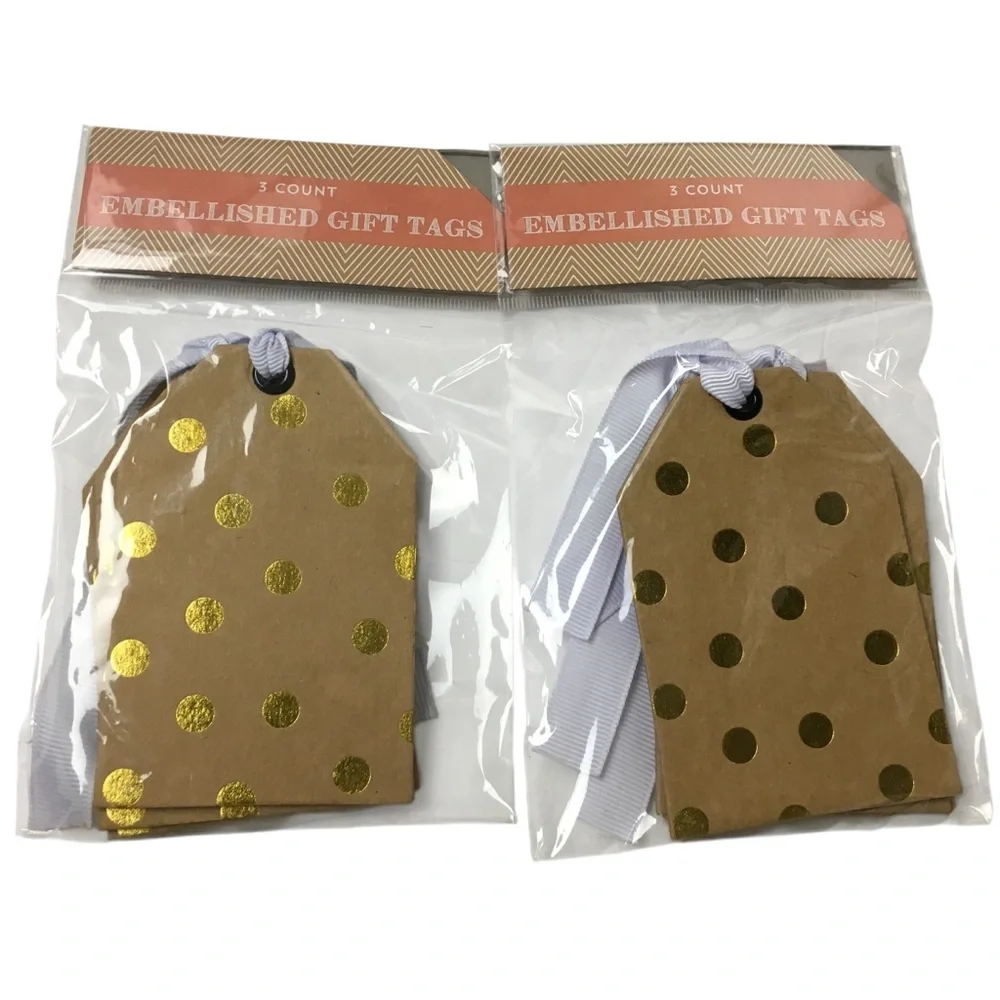 GIFT TAGS Gold Dot Metallic Kraft Chip Board Ribbon Strings 6 Total Die Cut NWT